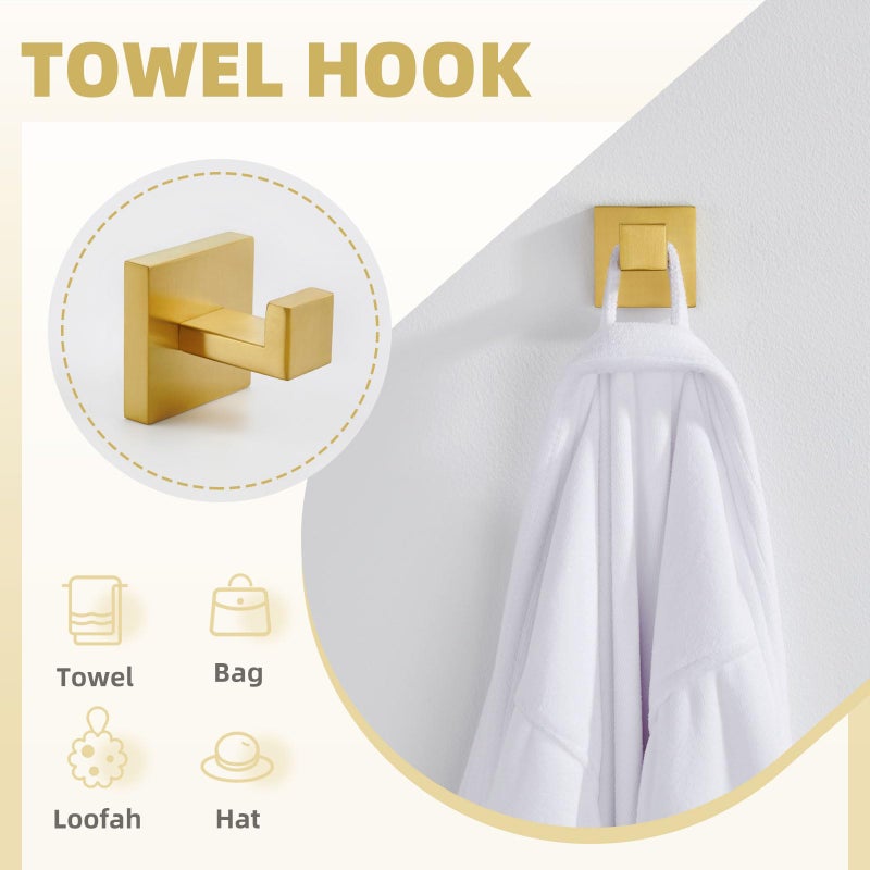 Angle Simple Bathroom Hardware Set 4-Piece, Angle Simple SUS304 Stainless Steel Bath Accessory Kit, Bathroom Fixture Set with Robe Hook, Toilet Paper Holder, Towel Holder and Towel Bar Brassy Gold - Image 4